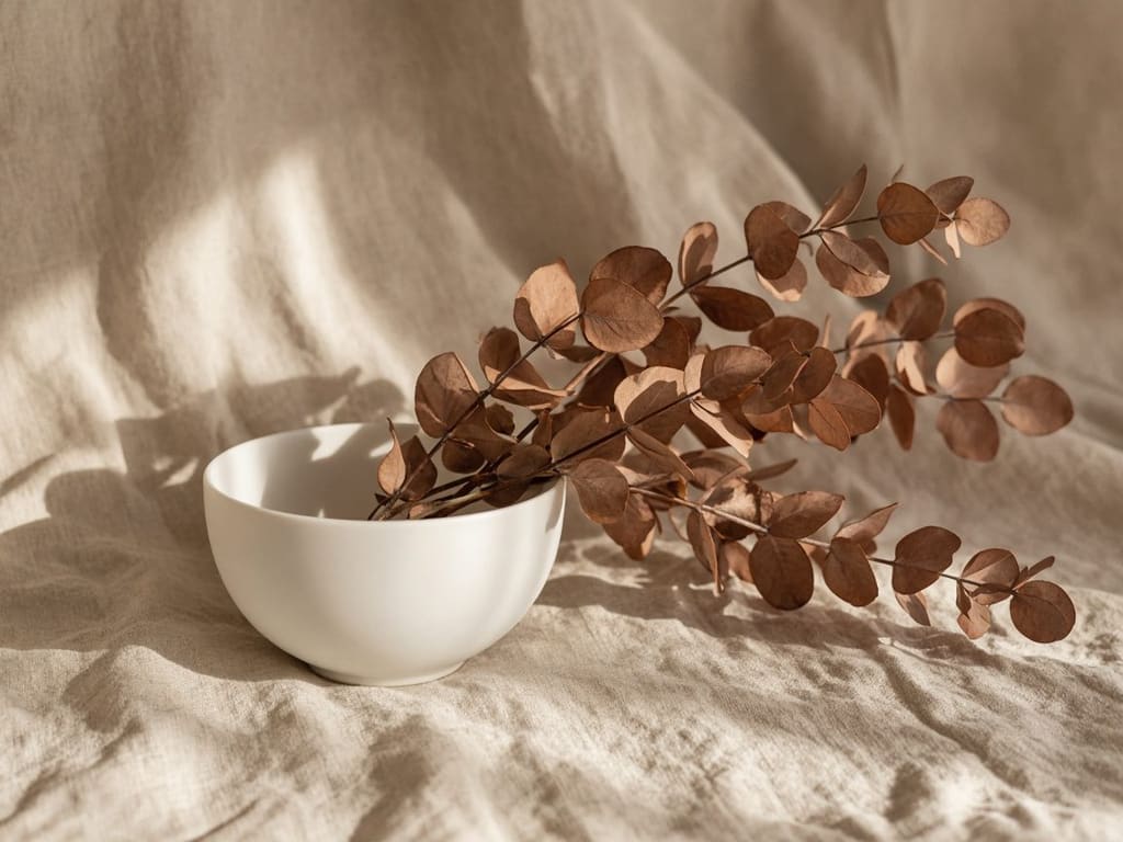 Dried eucalyptus beside a white bowl, for the calming facial at Skin Lab Med Spa in Falls Church, VA